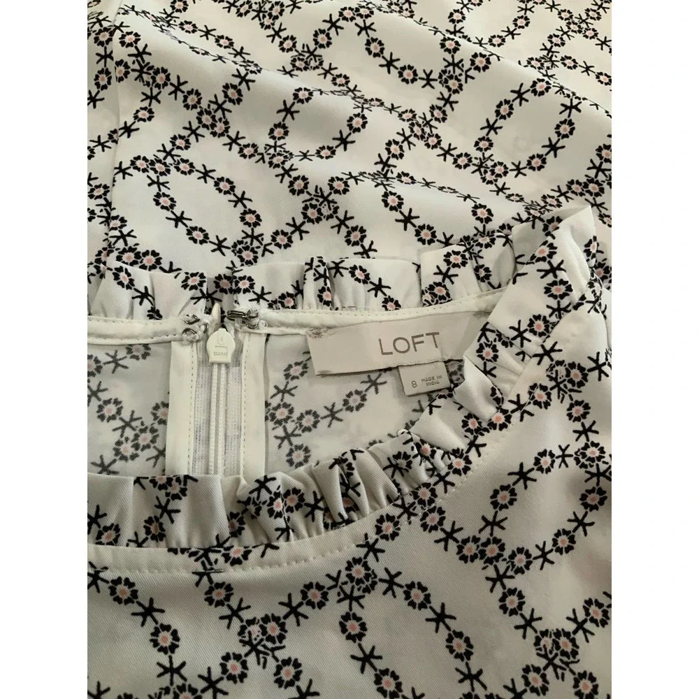 Loft Ruffle Flare Dress White Black Floral Long Sleeve Ruffle Hem size 8 #1094 - Picture 8 of 8
